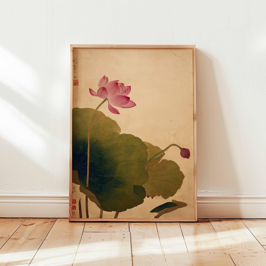 Pink Lotus Wall Art, Japanese Botanical Ink Poster, Minimalist Flower ...