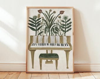 Floral Piano Poster, Folk Botanical Art, Paper Print