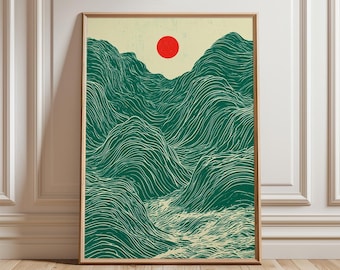 Abstract Wave Landscape Poster, Japanese Mountain Wall Art, Green Print