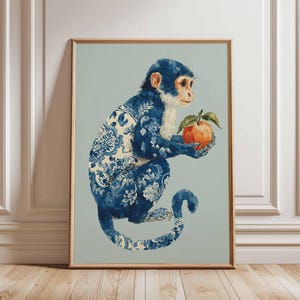 Blue Monkey Art Print – Decorative Jungle Animal Poster, Peach Tree Wall Art, Whimsical Botanical Monkey Illustration (Unframed)