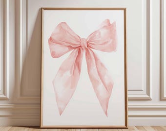 Pink Bow Poster Print, Watercolor Bow Wall Art, Blush Ribbon Artwork, Girl Bedroom Decor, Feminine Aesthetic Poster Unframed