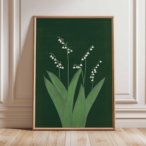 Lily of the Valley Print, Botanical Wall Art, Dark Green Floral Poster, Minimalist Flower Artwork, Vintage Plant Illustration