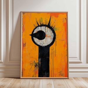 Póster abstracto de pájaro: decoración de pared minimalista moderna, estampado abstracto de pájaro naranja brillante, arte contemporáneo para el hogar, diseño de póster único