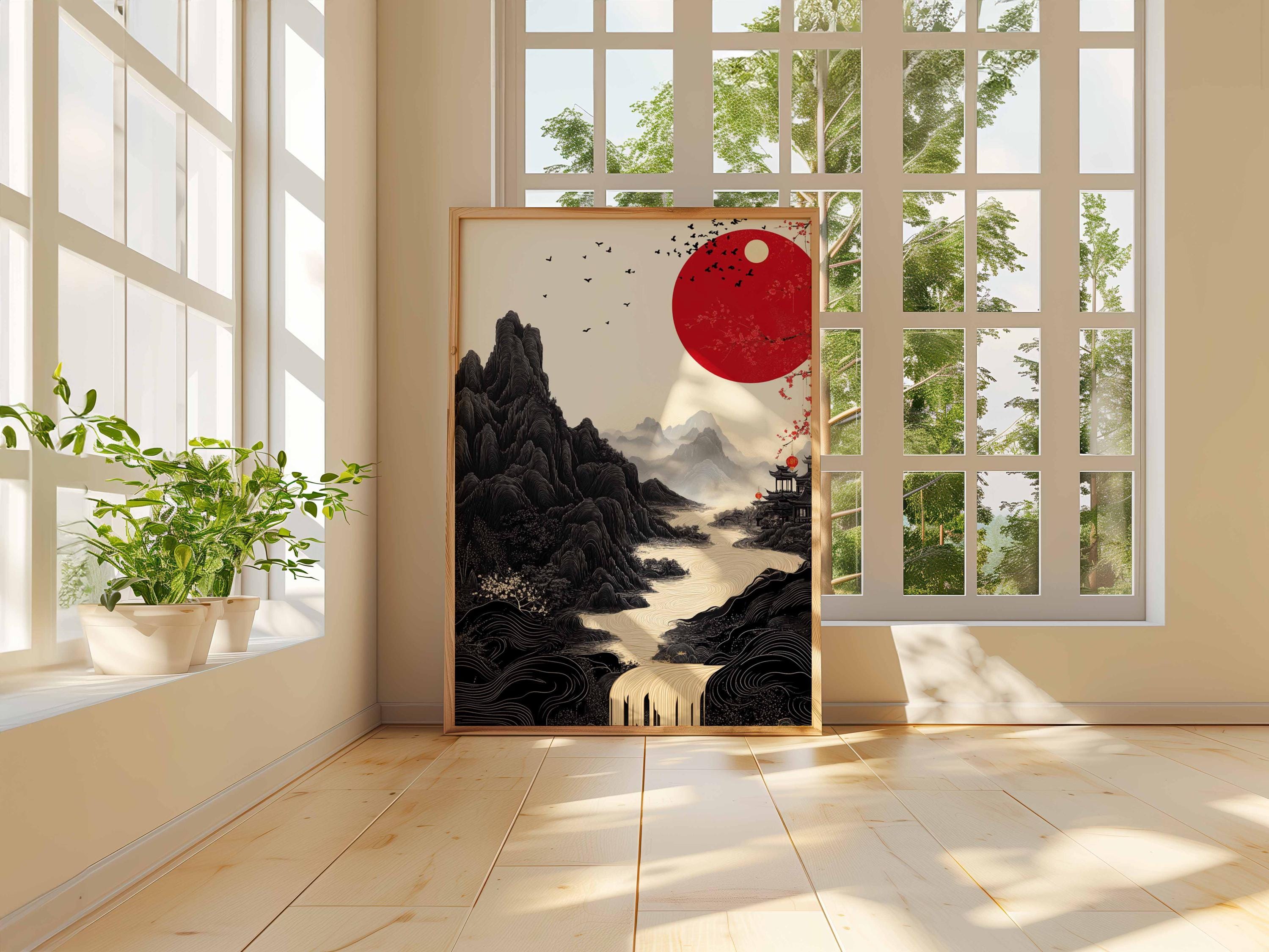 Red Sun Japanese Landscape Wall Art, Minimalist Oriental Mountain