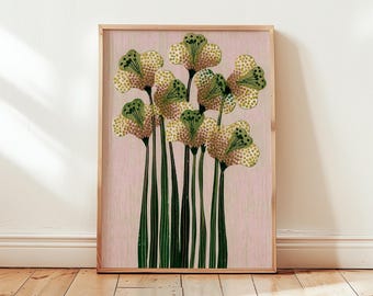 Pink Daffodil Print, Green Botanical Wall Art, Risograph Poster