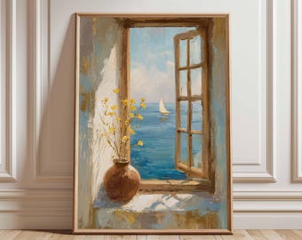 Coastal Window View Wall Art Poster Mediterranean Sea Print Sailing Boat Painting Summer Decor Nautical Home Style Unframed Artwork