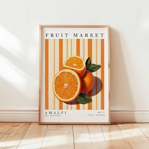 Fruit Market Poster, Amalfi Orange Fruit Poster, Italian Coast Citrus Wall Art, Mediterranean Kitchen Decor, Coastal Still Life Print