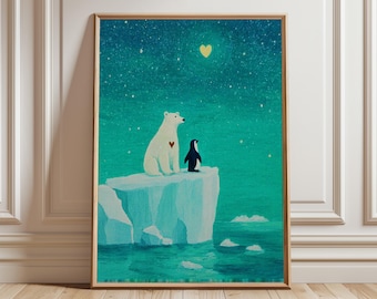 絵画　ペンギン　ホッキョクグマ ホッキョクグマとペンギンのウォールアート、かわいい冬の動物