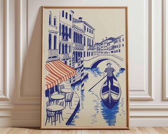 Venice Gondola Poster – Italian Canal Wall Art, Venice Travel Print, Gondolier Illustration, Vintage Italy Cityscape Poster Home Decor