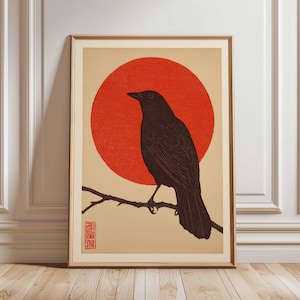 Japanese Crow Poster, Minimalist Sun and Bird Wall Art, Traditional Red Circle Print