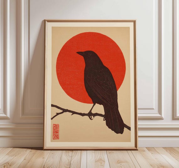 Japanese Crow Poster, Minimalist Sun and Bird Wall Art