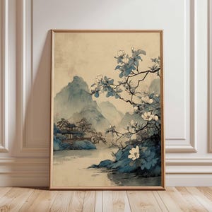 Chinese Landscape Poster, Vintage Mountain Wall Art, Magnolia Tree Print, Traditional Asian Painting, Tranquil Nature Decor, Zen Home Art
