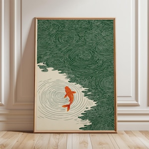 Koi Fisch Wandkunst, Japanische Ripple Illustration, Minimal Grün & Orange, Zen Wasser Poster