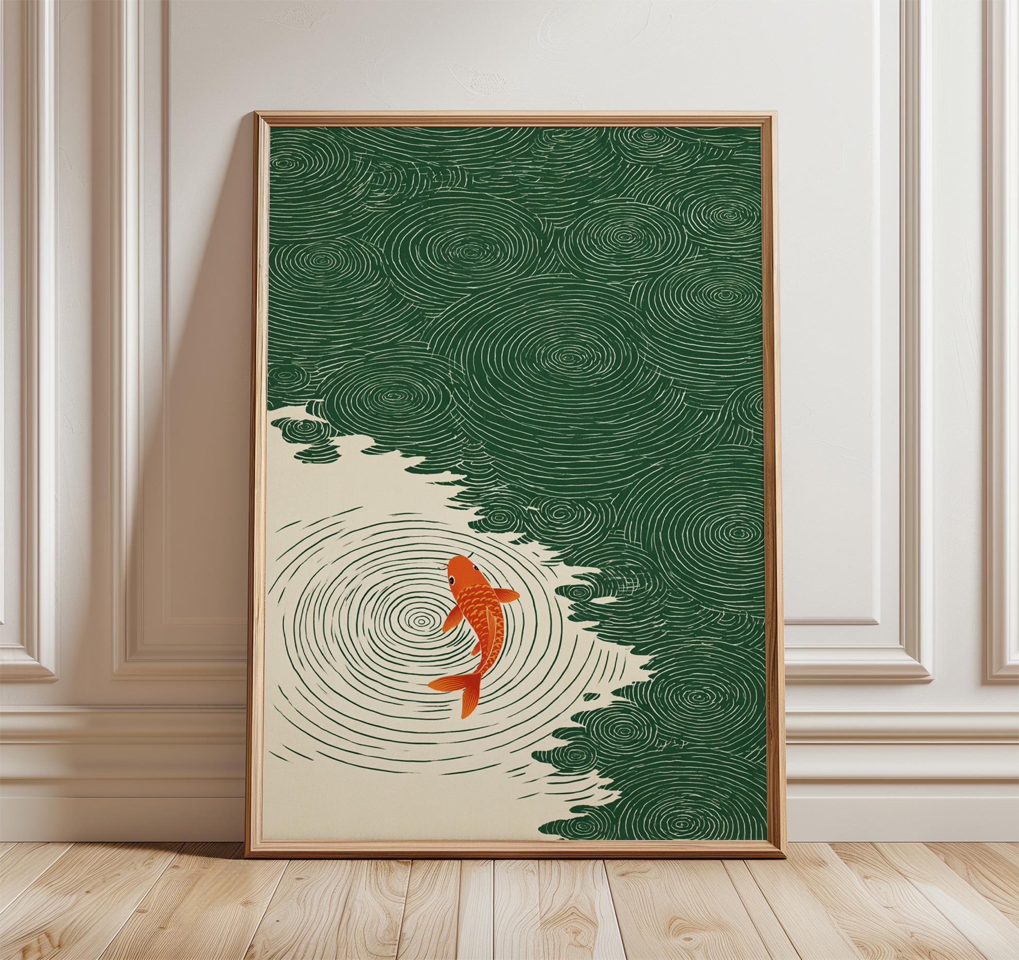 Koi Fish Wall Art, Japanese Ripple Illustration, Minimal Green