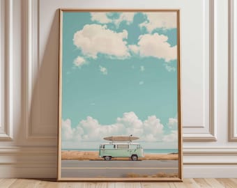 Vintage Camper Van Surf Poster, Retro Beach Wall Art, Coastal Ocean Print, Summer Travel Decor, Surfboard Adventure Aesthetic Artwork
