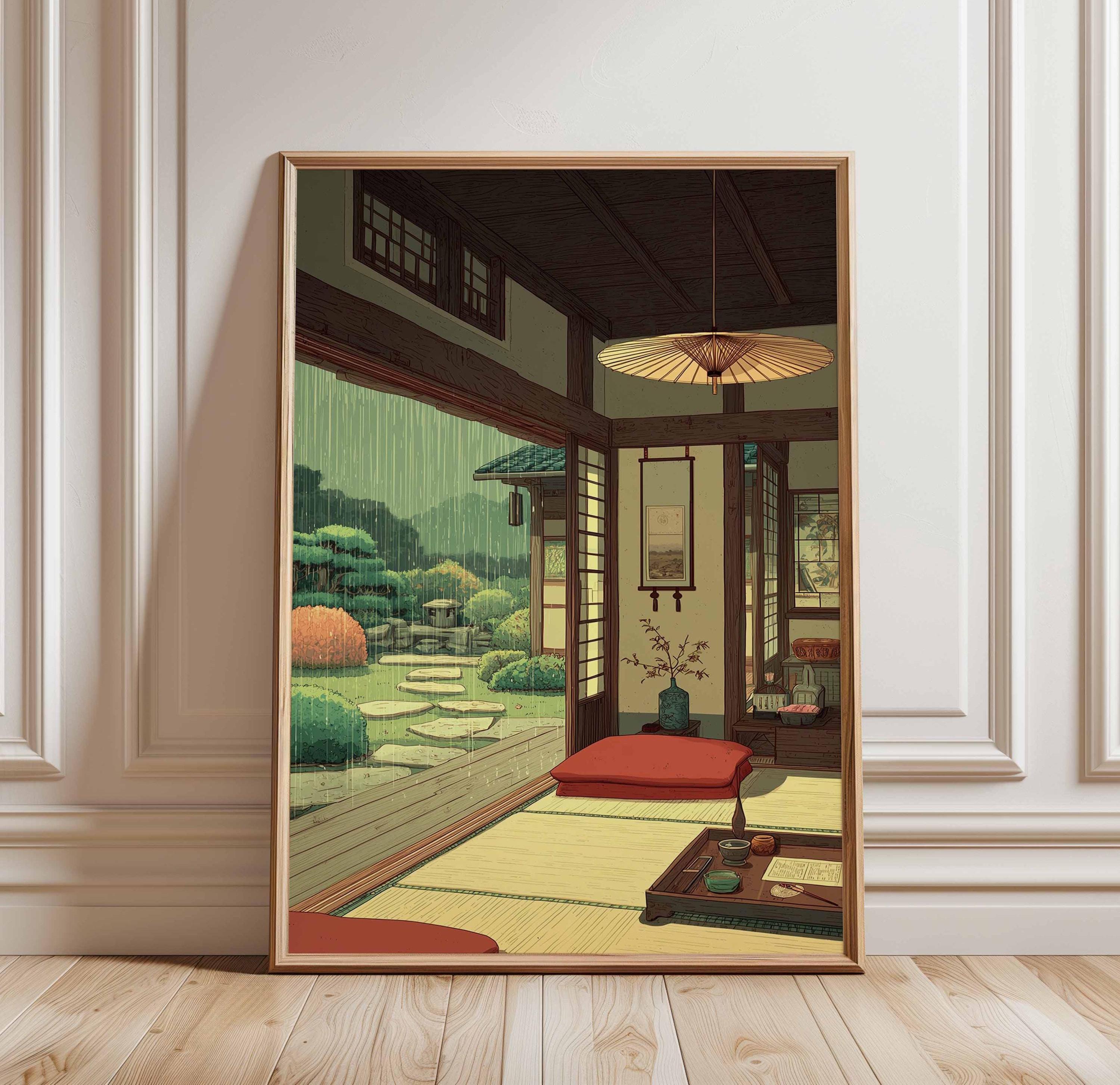 Japanese Tea Room Poster, Traditional Zen Interior Print, Rainy