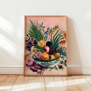 Vibrant Fruit Bowl Poster, Abstract Still Life Wall Art, Colorful Tropical Kitchen Decor, Bold Botanical Painting Print Unframed