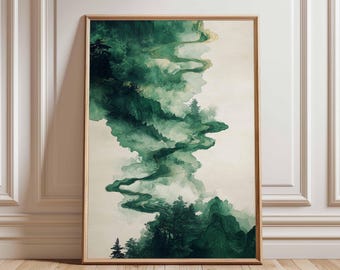 Abstract Green Landscape Art Print, Mountain Mist Poster, Nature Pathway Wall Art, Tranquil Green Forest Scene, Modern Nature Decor