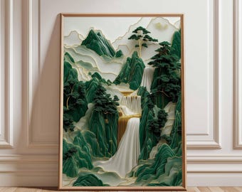 Japansk poster, grönt bergsvattenfall, abstrakt vattenfallslandskapskonst, samtida naturscen, asiatiskinspirerad väggkonst