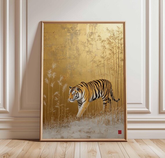Japanese Tiger Wall Art, Japanese Gold Leaf Animal Poster, Majestic Tiger Walking Decor, Oriental Jungle Wildlife Artwork, Zen Safari Print