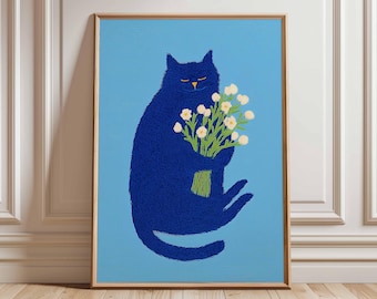 Blue Cat Poster, Modern Animal Wall Art Print, Quirky Cat Holding Flowers Artwork, Playful Whimsical Home Decor for Cat Lovers