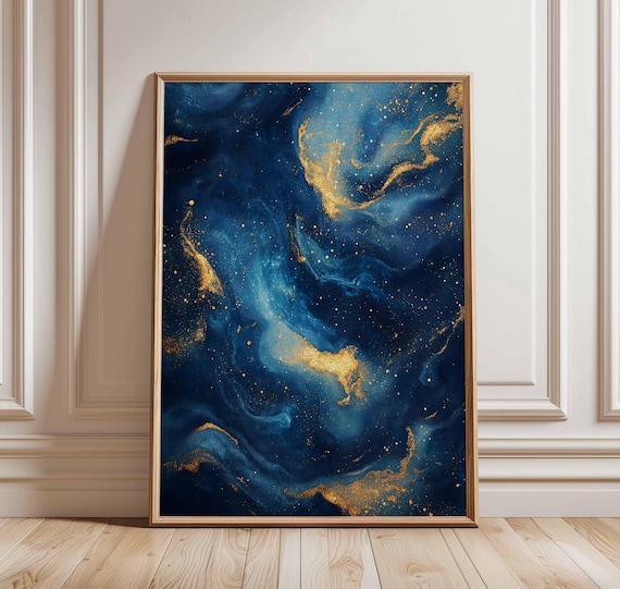 Cosmic Blue and Gold Abstract Poster – Space Inspired Wall Art