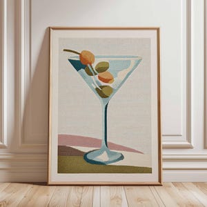 Modern Martini Poster Print, Retro Cocktail Wall Art, Textured Style Olive Drink Artwork, Mid Century Bar Decor, Minimalist Alcohol Art