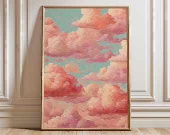 Pink Cloud Wall Art, dreamy sky poster, pastel cloudscape print, aesthetic digital painting, soft sunset decor, modern home artwork