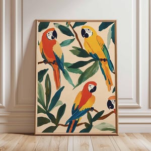 Papagei Poster Kunst, Bunte Tropische Vögel Wand-dekor, Natur Illustration, Lebhafter Tier Druck, Botanischer Kunstdruck, Exotischer Vogel Dekor