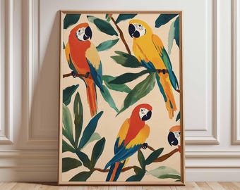 Poster di pappagallo, decorazione murale di uccelli tropicali colorati, illustrazione della natura, stampa di animali vivaci, stampa artistica botanica, decorazione di uccelli esotici