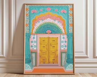 Peut inclure: Une impression d'art encadrée représentant une illustration colorée d'une porte dorée ornée. L'œuvre d'art présente une palette vibrante de turquoise, de rose, d'orange et de jaune, avec des détails floraux et architecturaux. L'impression est encadrée.