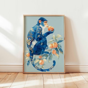 Blue Monkey Art Print – Decorative Jungle Animal Poster, Peach Tree Wall Art, Whimsical Botanical Monkey Illustration (Unframed)