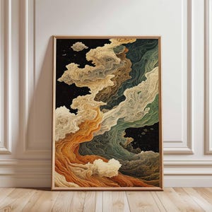 May include: Abstract art print in a wooden frame. The artwork features swirling cloud-like formations in shades of orange, beige, green, and black. The piece is displayed against a white wall and wooden floor, creating a modern aesthetic.