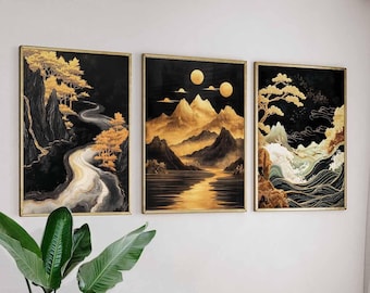 Chinese Gold and Black Mountain Poster Set, Traditional Art, River & Moon Prints, Elegant Nature Wall Art, Golden Asian Decor