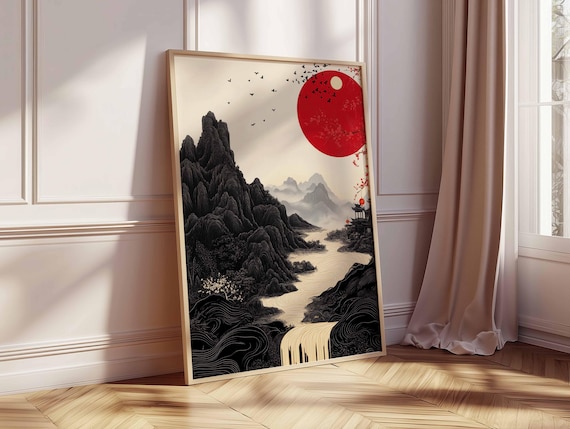 Red Sun Japanese Landscape Wall Art, Minimalist Oriental Mountain