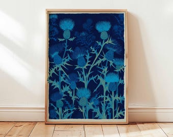 Lámina de cardo azul, póster de flores botánicas, obra de arte de flores silvestres escocesas, ilustración de naturaleza moderna, decoración del hogar estilo cottagecore