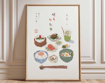 Poster di cibo giapponese per la colazione, arte murale kawaii di sushi e bento, grazioso arredamento da cucina in stile anime, stampa di illustrazioni di pasti tradizionali