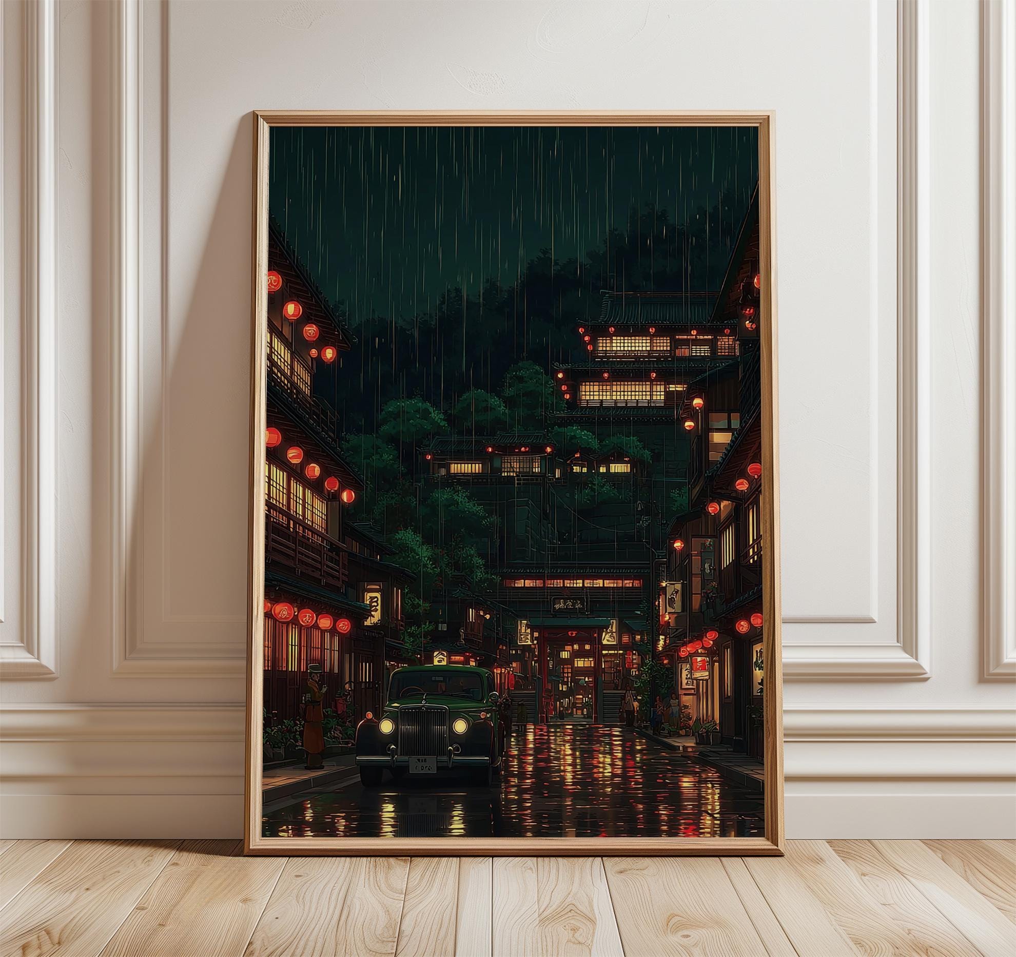 Tokyo Night Street Poster, Japanese Lantern City Rain Wall Art