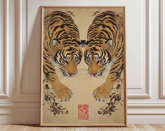 Japanese Tiger Poster, Vintage Asian Wall Art Print, Traditional Oriental Painting Style Decor, Twin Tigers Artwork for Home or Office