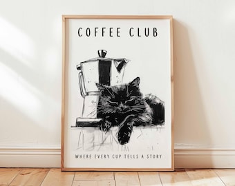 Póster de gato del club de café, impresión artística de gato negro con café, decoración de pared con boceto de cafetera moka, arte minimalista de cocina de cafetería, obra de arte felina sin marco