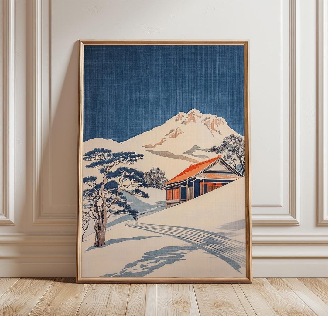 Snowy Mountain Cabin Poster Print | Vintage Winter Landscape Art | Ski ...
