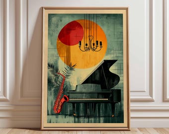 Jazzmusikposter – Piano- och saxofonkonst, retromusikdekor, abstrakt jazzväggkonst, instrumenttryck i vintagestil, musikalisk heminredning
