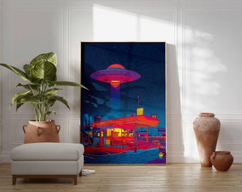 Retro UFO Diner Poster – Vibrant Neon Alien Abduction Art Print