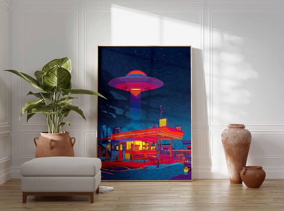 Retro UFO Diner Poster – Vibrant Neon Alien Abduction Art Print