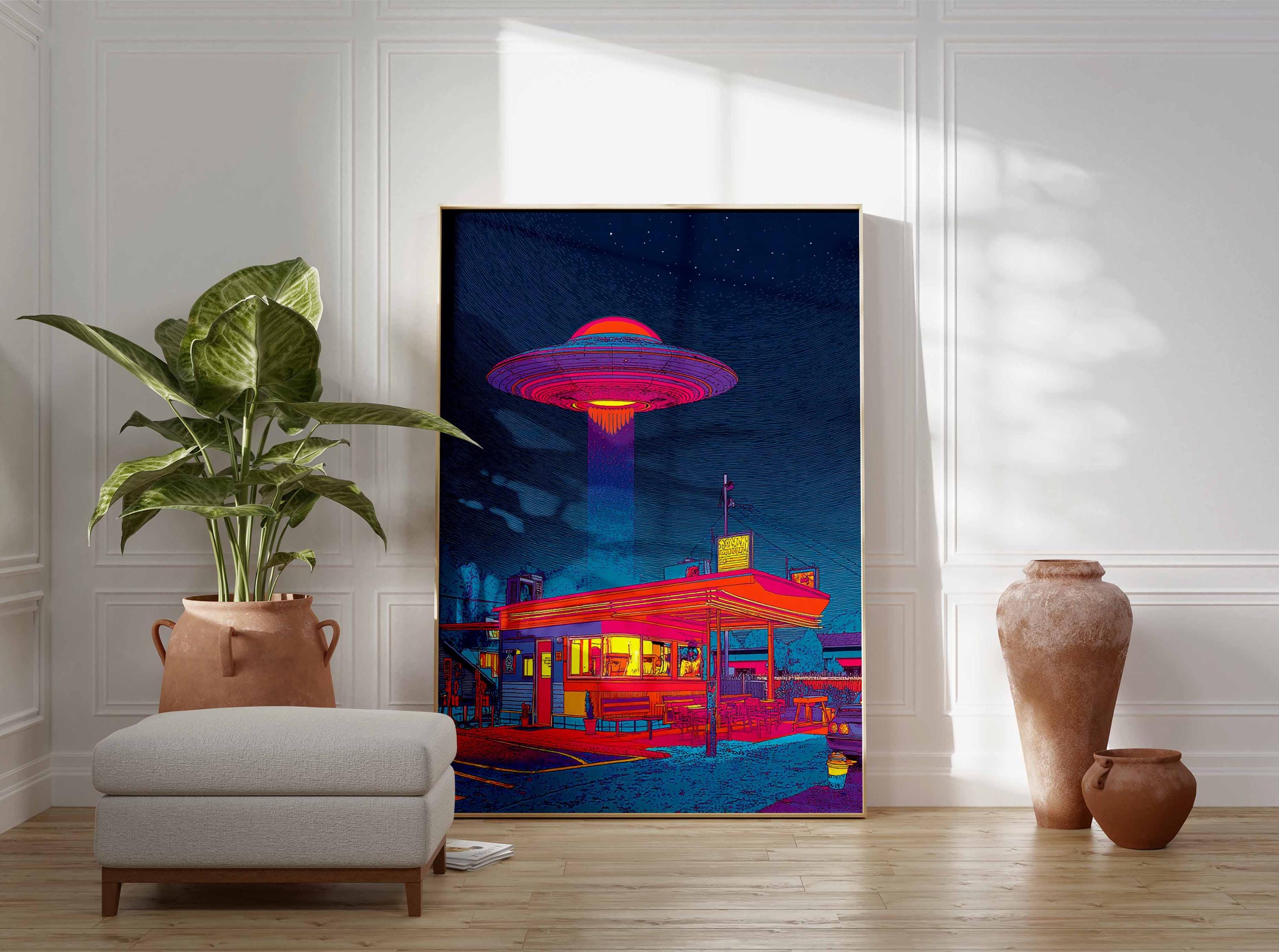 Retro UFO Diner Poster – Vibrant Neon Alien Abduction Art Print