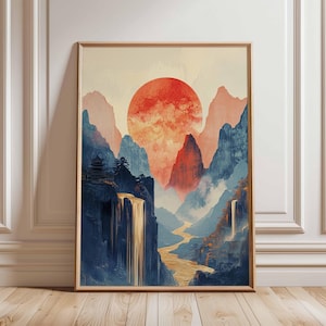 Lebhaftes, asiatisch inspiriertes Landschaftsbild, Rote Sonne Naturdruck, Serene Wasserfall & Fluss Szene
