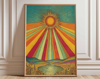 Póster psicodélico de sol, impresión artística de pared con arcoíris retro, decoración de paisaje vintage colorido, ilustración psicodélica de sol, impresión sin marco