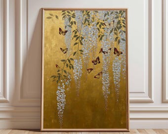 Japanese Floral Gold Poster, Wisteria and Butterfly Wall Art Print, Elegant Nature Decor, Vintage Botanical Artwork, Hanging Flowers Art