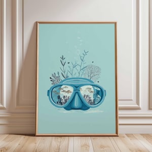 Underwater Poster, Scuba Diving Wall Art, Snorkel Mask Ocean Print, Marine Life Illustration, Sea Adventure Decor, Coastal Bathroom Art
