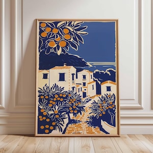Mediterranean Village Poster, Coastal Wall Art Print, Citrus Grove Landscape Decor, Greek Island Travel Art, Unframed Sunny Artwork